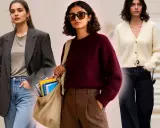 Tre donne mostrano un outfit da insegnante donna: blazer grigio, maglione bordeaux e cardigan bianco, con jeans e pantaloni eleganti.