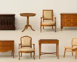 Mobilier d'époque Empire : commode sculptée, table ronde, fauteuils Louis XVI, commode marquetée, table de jeu et chaise cannage.