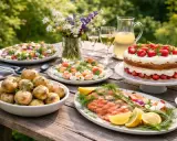 En härlig midsommarmåltid med gravad lax, färskpotatis, räkor, sallad och jordgubbstårta. Detta är vad man har på midsommarbordet.