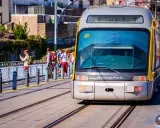 En modern spårvagn från Metro do Porto närmar sig stationen. Passagerare väntar på perrongen, omgivna av grönskande växtlighet.