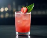 En uppfriskande strawberry basil smash med is, garnerad med en jordgubbsklyfta och basilika.