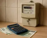 Kalkulator i licznik energii elektrycznej obok banknotów. Obrazek pomaga zrozumieć, jak przeliczyć kw na kwh.