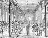 Kinder arbeiten in einer Fabrik, ein Bild der Klassengesellschaft im 19. Jahrhundert. Lange Reihen von Maschinen und Kindern, die schuften.