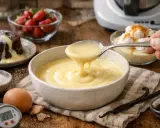 Une cuillère de sauce à la vanille onctueuse, parfaite pour une recette sauce creme. Des fraises, un gâteau au chocolat et des ingrédients de pâtisserie sont disposés autour.