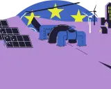 Europäische Union: Solarpanels, Windräder und ein Rohrleitungssystem symbolisieren die aktuelle Stromerzeugung in Europa.