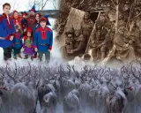 Sami people Sweden: en modern familj i traditionella kläder står framför en flock renar, med en historisk bild av samer i bakgrunden.