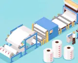 Linia produkcyjna pokazuje, jak powstaje papier. Maszyny przetwarzają surowiec, tworząc rolki gotowego produktu.