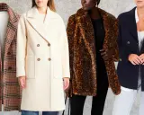 Four women model different peacoat styles: plaid, cream wool, leopard print faux fur, and navy blue.
