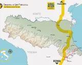 Mappa del cammino di San Francesco da Rimini a La Verna, con percorso ciclabile evidenziato.