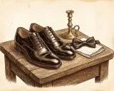 A pair of polished black cap-toe oxfords, the perfect shoes to wear with a tuxedo, sit on a wooden table next to a bowtie, handkerchief, and candlestick.