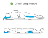 Ilustración muestra posturas correctas para dormir, evitando malas posturas. Una persona duerme de lado con almohada entre las piernas.
