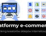 Grafika przedstawia laptop z wyświetlonymi produktami i ikonami popularnych platform sklepów internetowych, takich jak Shopify, WooCommerce, Wix i inne.