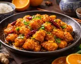 En skål med krispig, glaserad orange chicken, toppad med chili och salladslök. Serveras med ris och apelsinskivor.
