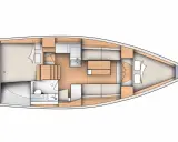 Plan intérieur du Dufour 360, montrant cabine, carré, cuisine et salle d'eau. Fiche technique détaillée.