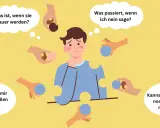 Ein Mann ist von vielen Händen umgeben, die ihm Bälle anbieten. Er wirkt besorgt und denkt über die Psychologie nach, es allen recht machen zu wollen.