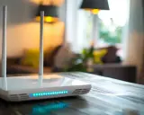 Moderner WLAN-Router mit Antennen und blauen LEDs. Er steht auf einem Holztisch und symbolisiert schnelles Internet, was bedeutet 500 Mbit/s.