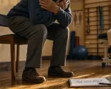 Un homme âgé, assis, se prépare pour un test assis-debout. Il semble difficile pour lui de rester debout longtemps.