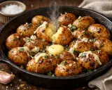 Pommes de terre grenaille au four, dorées et fondantes, garnies de fromage et de persil, avec une noix de beurre qui fond.