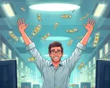 Szczęśliwy software engineer z rękami w górze, otoczony spadającymi banknotami. Sukces w branży IT!