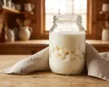 Ein Glas mit Milch und Kefirknollen, bereit zum Milchkefir ansetzen. Im Hintergrund eine rustikale Küche.