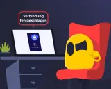 Gelbe Figur sitzt frustriert vor Laptop, der VPN-Verbindungsprobleme anzeigt. "Verbindung fehlgeschlagen" steht über dem Bildschirm.
