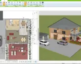 Grundriss eines amerikanischen Hauses mit zwei Autos auf dem Hof und einem 3D-Modell des Hauses daneben.
