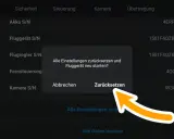 DJI Spark App: Dialogfeld fragt, ob alle Einstellungen zurückgesetzt und das Fluggerät neu gestartet werden sollen.