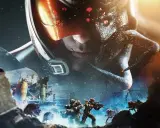 Żołnierze walczą z potworami w mroźnym krajobrazie, podczas gdy gigantyczna postać w hełmie obserwuje ich z góry. To kluczowy moment w grze Phoenix Point.