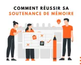 Trois personnes planifient comment commencer une soutenance de mémoire avec un tableau et un crayon géant.