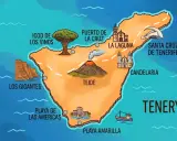 Mapa Teneryfy z zaznaczonymi atrakcjami: wulkan Teide, Los Gigantes, La Laguna, Puerto de la Cruz, Santa Cruz. Tu jest Teneryfa!