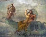 Poseidon und seine Kinder, ein Meeresgott mit Dreizack, eine Frau und ein Mann mit Fischschwanz, reiten auf einem Seeungeheuer.