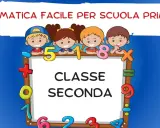 Bambini sorridenti celebrano la matematica facile per la scuola primaria, con numeri e simboli che circondano la scritta "Classe Seconda".