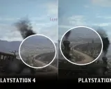 Porównanie grafiki Red Dead Redemption 2 na PS4 i PS5. Pociąg parowy na tle pustynnego krajobrazu z mostem.