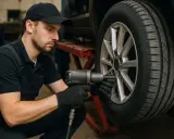 Meccanico con avvitatore pneumatico lavora su una ruota. Le gomme 4 stagioni fanno tanti km, ma la manutenzione è fondamentale.