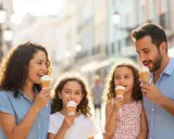 Familia disfrutando de helados en un paseo soleado, una escena perfecta de Oviedo con niños.