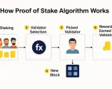 Schemat wyjaśnia, proof of stake co to: staking, wybór walidatora, nowy blok i nagroda dla walidatora.