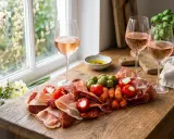 En härlig middag valborg med rosévin, charkuterier, oliver och fyllda paprikor på ett rustikt träbord.