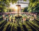 Midsommarfirande i Stockholm med folkdans runt en majstång i solnedgången.