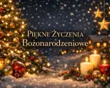 Śnieżna noc, choinka, świece i gwiazdy tworzą magiczną atmosferę. Piękne życzenia bożonarodzeniowe dla Ciebie!