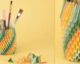 Bunte Origami-Becher mit Stiften und Pinseln – tolle bastel ideen für Zuhause.