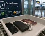 Na tacy do kontroli bezpieczeństwa leżą powerbank, telefon i paszport.