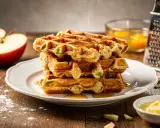 Pile de gaufres dorées, nappées de sirop, avec des morceaux de pomme et des ingrédients pour une recette gaufre parfaite.