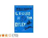 Copertina del libro "Il ragazzo di Tom Ripley" di Patricia Highsmith, uno dei suoi migliori libri, con un design grafico stilizzato e una citazione da The Times.