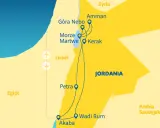 Mapa pokazuje, gdzie leży Jordania, z zaznaczonymi miastami: Amman, Kerak, Petra, Wadi Rum i Akaba. Widać też Morze Martwe i Górę Nebo.