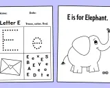 Foglio didattico con lettere disegni con la E: una grande E puntinata, una piccola E puntinata, una busta con cuore, lettere sparse e un elefante che mangia arachidi.
