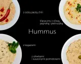 Hummus z ciecierzycy: pikantny z chili, klasyczny z papryką, z kaparami, oliwkami i suszonymi pomidorami.