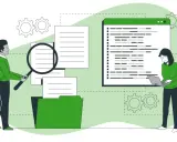 Uomo con lente d'ingrandimento analizza documenti, donna lavora al laptop. Ricerca di piattaforme e-learning gratuite.