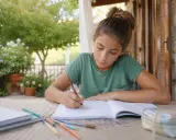 Ragazza concentrata sui compiti vacanze estive all'aperto, tra quaderni e matite colorate.