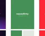 Trzy logotypy: "nazwafirmy INNOWACJE" na tle gradientu od granatowego do niebieskiego, "nazwafirmy KOSMETYKI" na zielonym tle, "nazwafirmy AGENCJA REKLAMY" na czerwonym tle. Kolor niebieski symbolizuje spokój i innowacje.