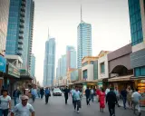Menschen schlendern durch eine belebte Straße in Dubai, flankiert von modernen Wolkenkratzern und Geschäften.